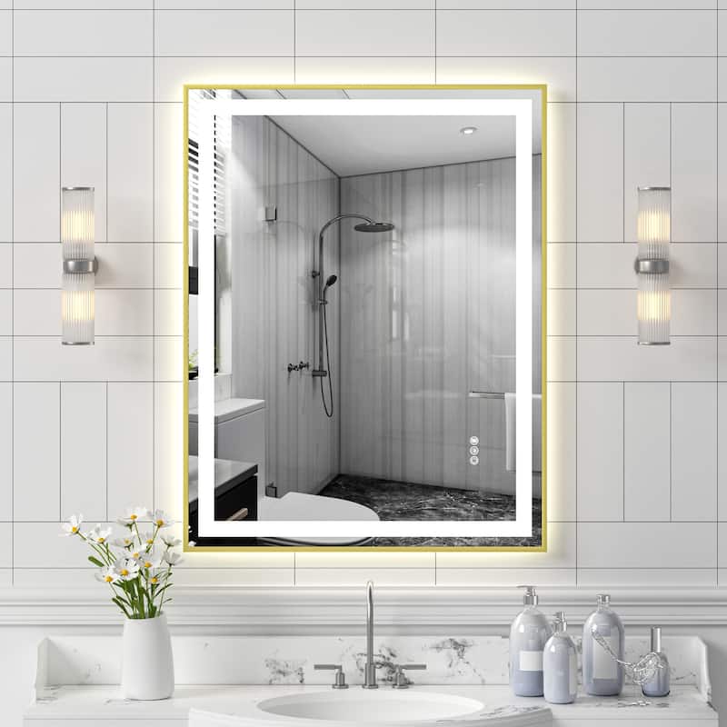Gold-Silver LED Vanity Mirror with Tempered Glass, Defog and Dimmable Lights - 36" W x 28" H