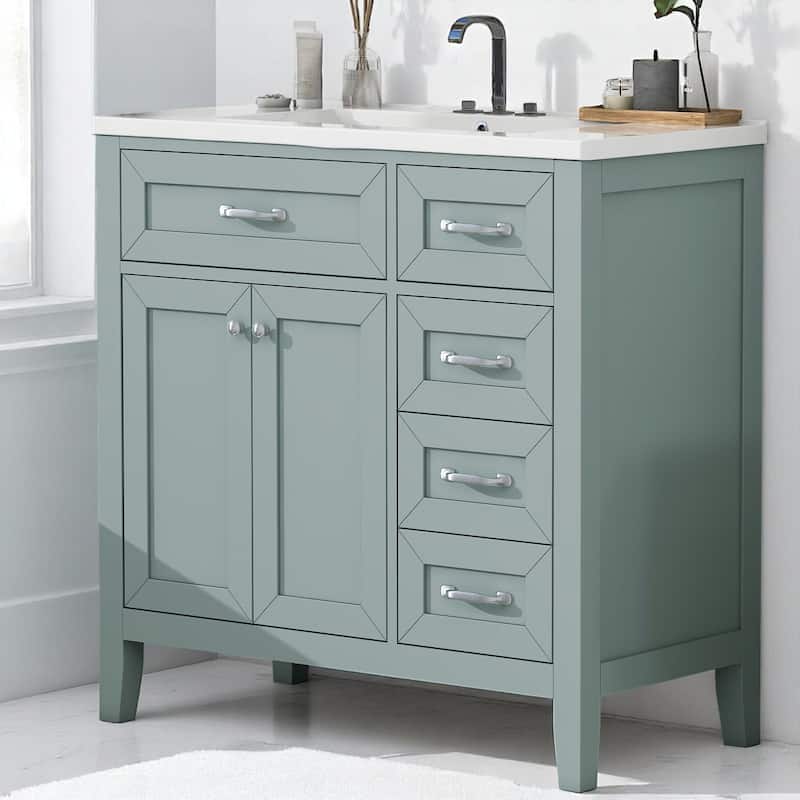 Modern 36 Inch Bathroom Vanity with Sink, MDF Cabinet with Storage Drawers, Freestanding, White Ceramic Basin - Green