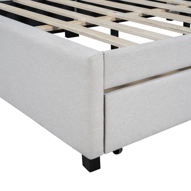 Beige Upholstered Platform Bed with Tufted Headboard and Strong Support