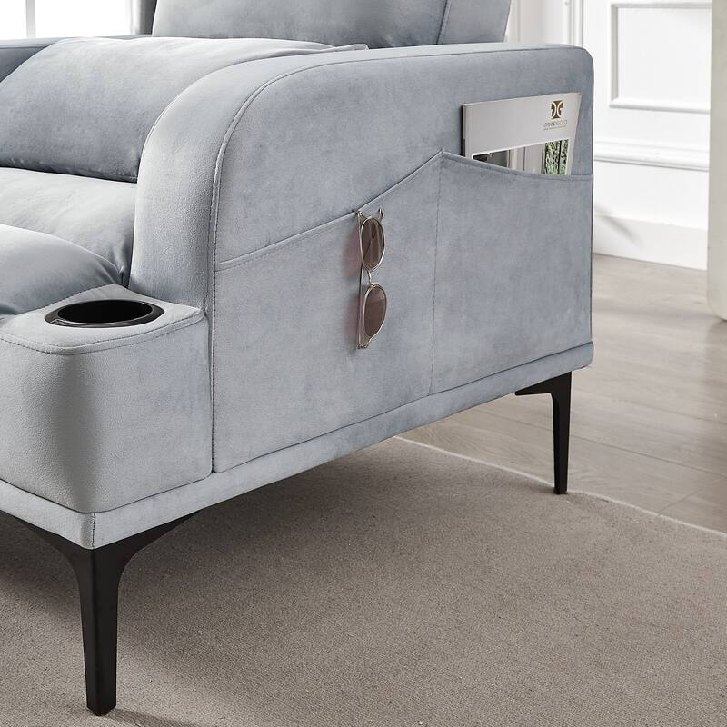 Accent Chairs with Ottoman, Velvet Fabric Armchair with Ottoman for Bedroom Living Room, Adjustable Backrest and Side Pockets