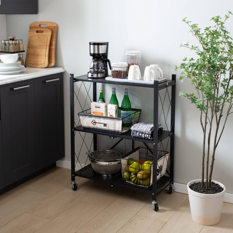 Organize It All Foldable Metal Rack with Wheels in Black