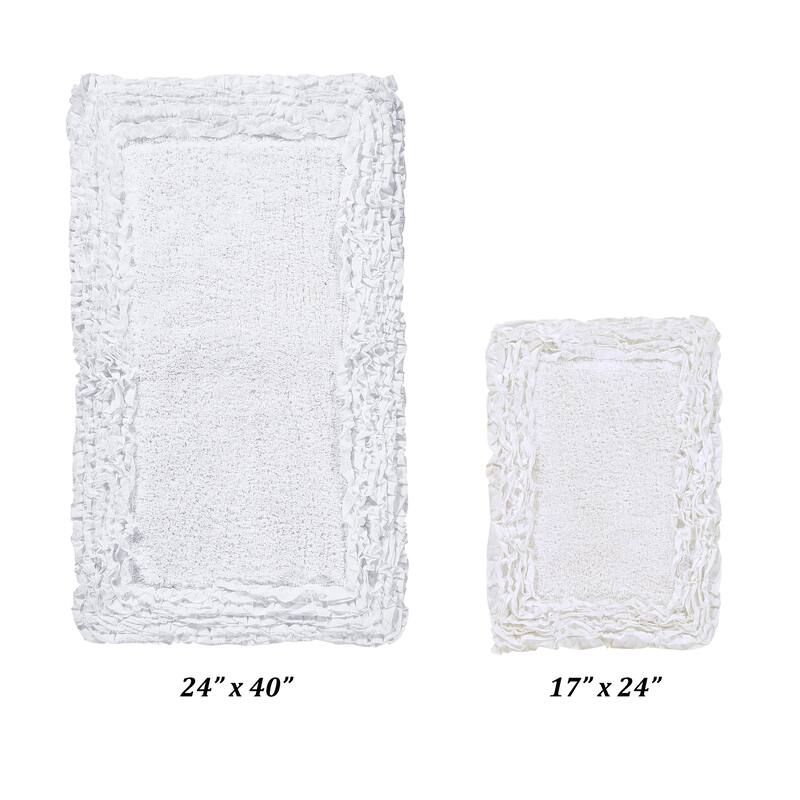 Better Trends Shaggy Border Collection Bathroom Rug -100% Cotton Tufted, Non-Skid Spray Latex Backing, Machine Washable Bath Mat - 2 Piece Set (17" x 24" | 24" x 40") - White