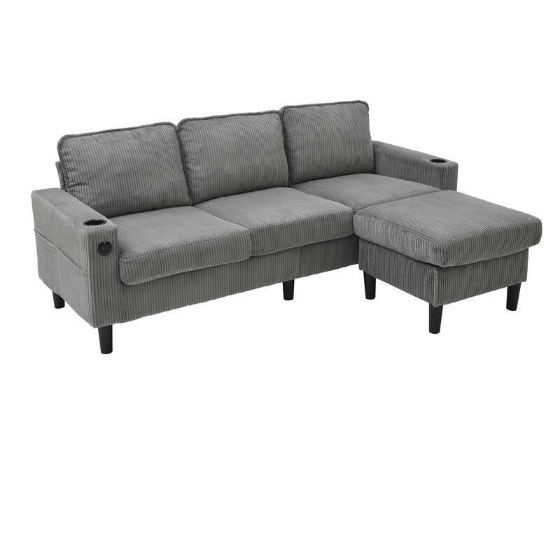 L-Shaped Sectional Sofa with Storage Ottoman, Upholstered 3-Seater Sofa with Side Pockets, USB Port & Cup Holders
