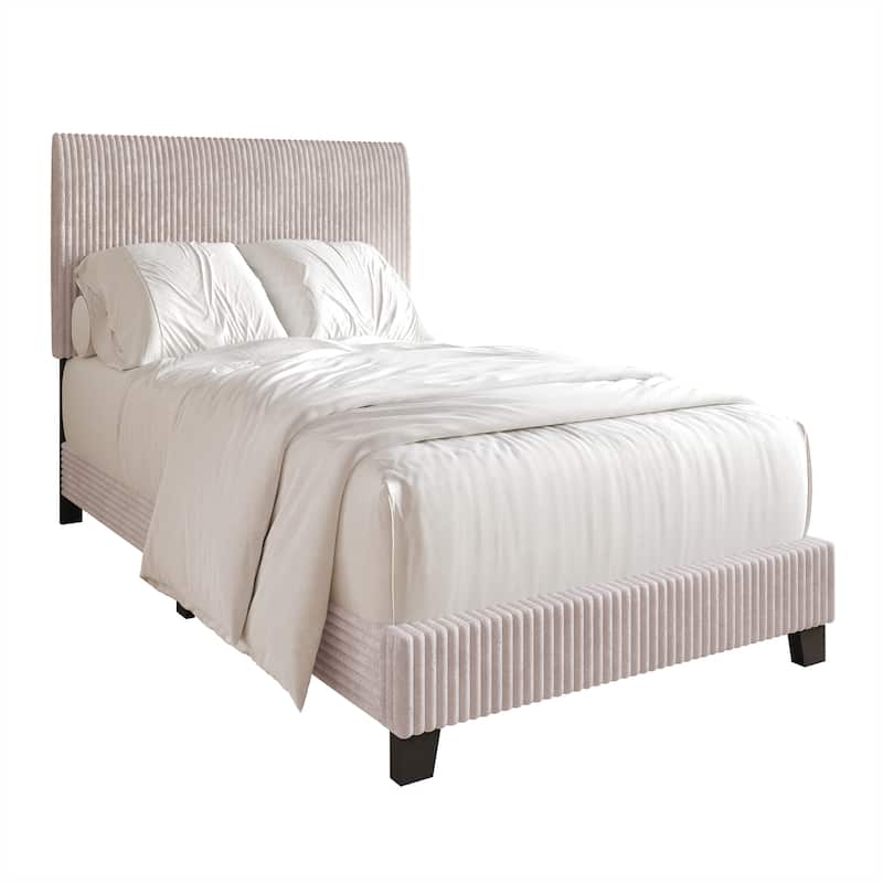 CraftPorch Corduroy 4-pieces Mid-Century Modern Light Pink Twin Size Bed with Light Grey Furniture Bedroom Set