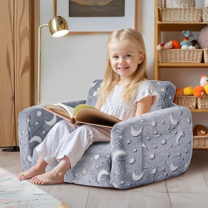 Grey Kids Foldable Sofa Bed with Glow-in-the-Dark Patterns and Comfortable Foam Seating - 24.0 x 41.3 x 12.0 in