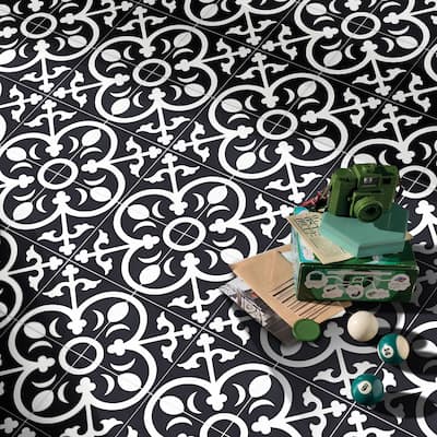 Nador Handmade Cement Tile, 8''x8'', Black-White ( Morocco)