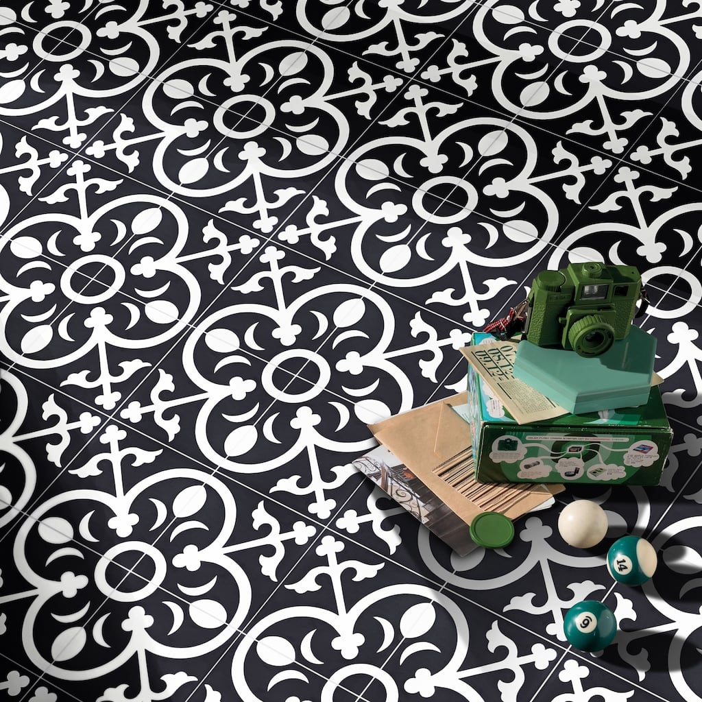 Nador Handmade Cement Tile, 8''x8'', Black-White ( Morocco)
