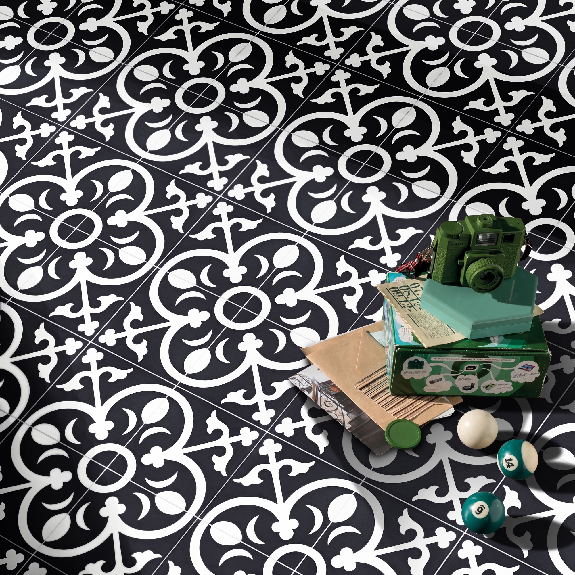 Nador Handmade Cement Tile, 8''x8'', Black-White ( Morocco)