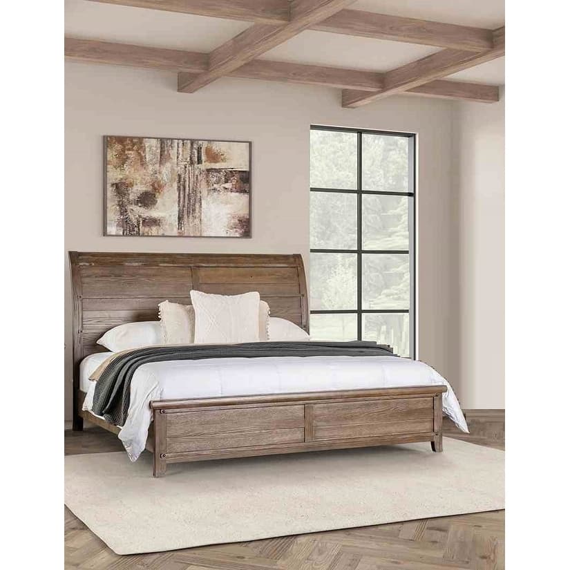 Transitional Brown Finish 1 Piece Curved Headboard Bed