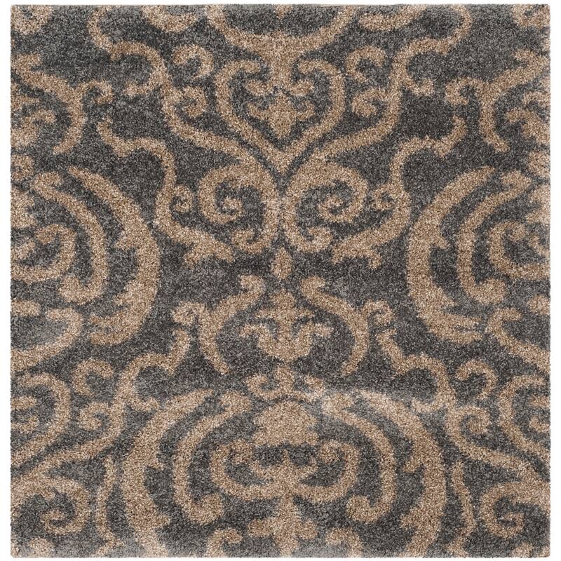 SAFAVIEH Florida Shag Frachia Ornate Damask 1.2-inch Thick Rug - 4' Square - Grey/Beige