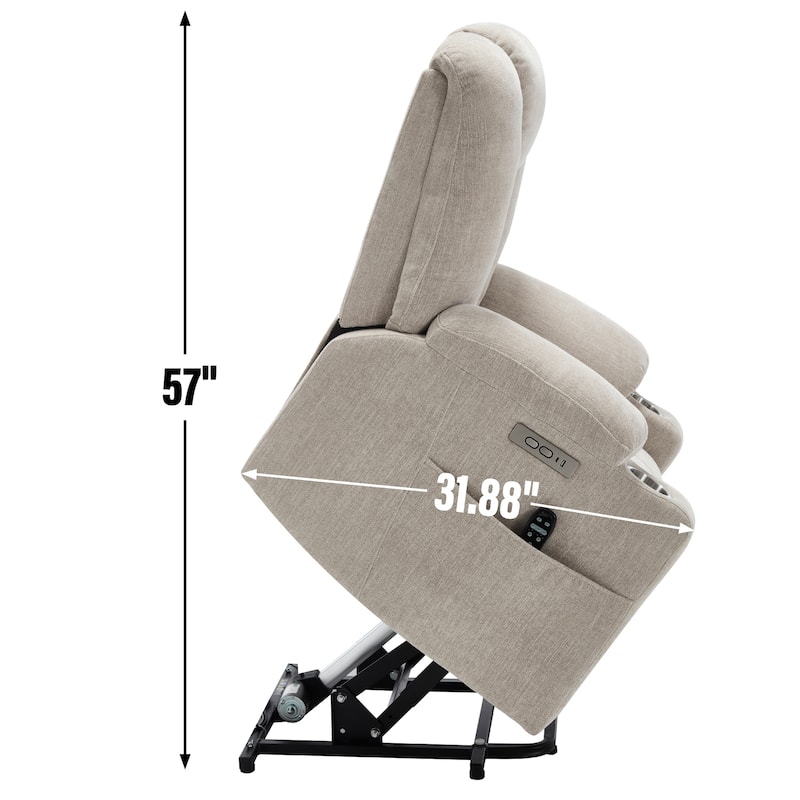 Modern Power Lift Recliner Chair Heat Massage Chair Upholstery Single Sofa with Dual USB Ports and Cup Holders