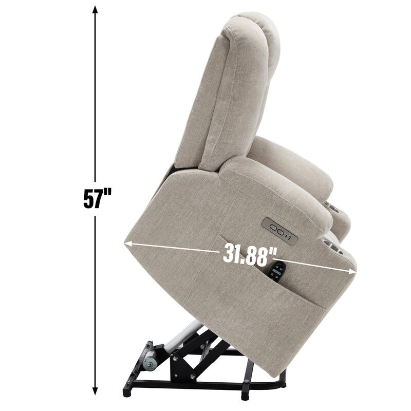 Roomfitters Oversized Power Lift Recliner, Massage Chair with USB A & C Ports and Dual Steel Cup Holders, Beige