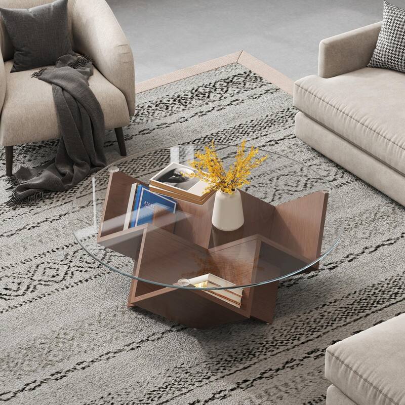 Round Coffee Table with Glass Top and Geometric Abstract Art Deco Base - Walnut, 35.4" with Storage Shelves