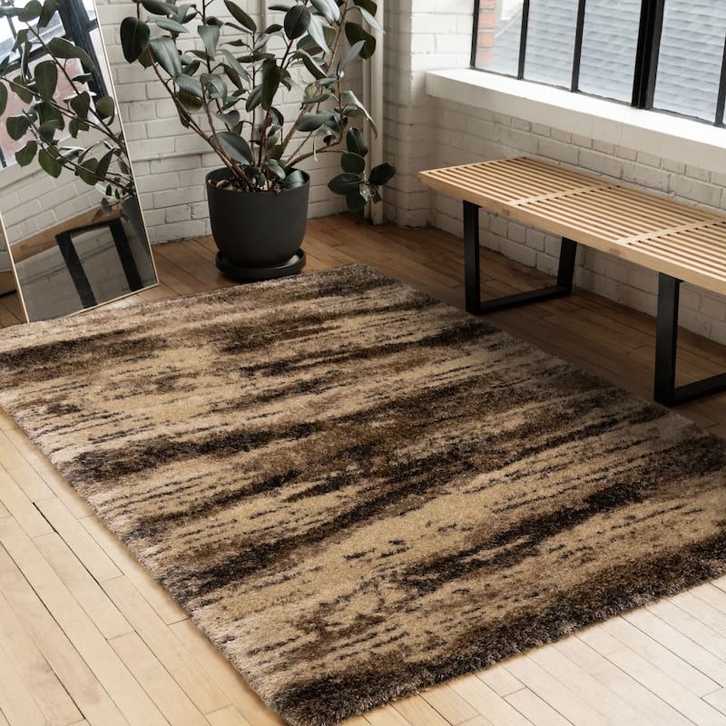 Brown Black Beige Distressed Soft Shag Rug