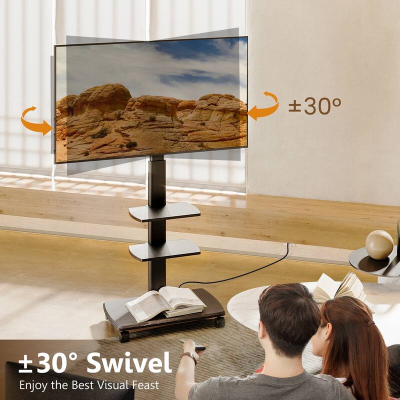 FITUEYES Rolling TV Stand for 32-70 Inch TVs with Power Strip, Height Adjustable with Wheels Wood Base Hold up to 88 lbs