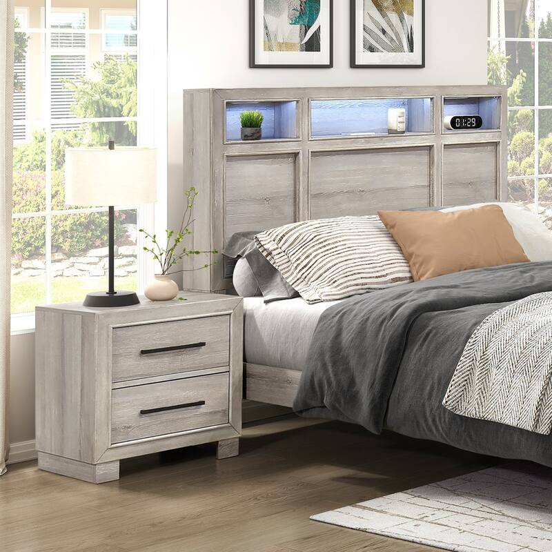Modern Gray Finish Two-Drawer Wooden Nightstand