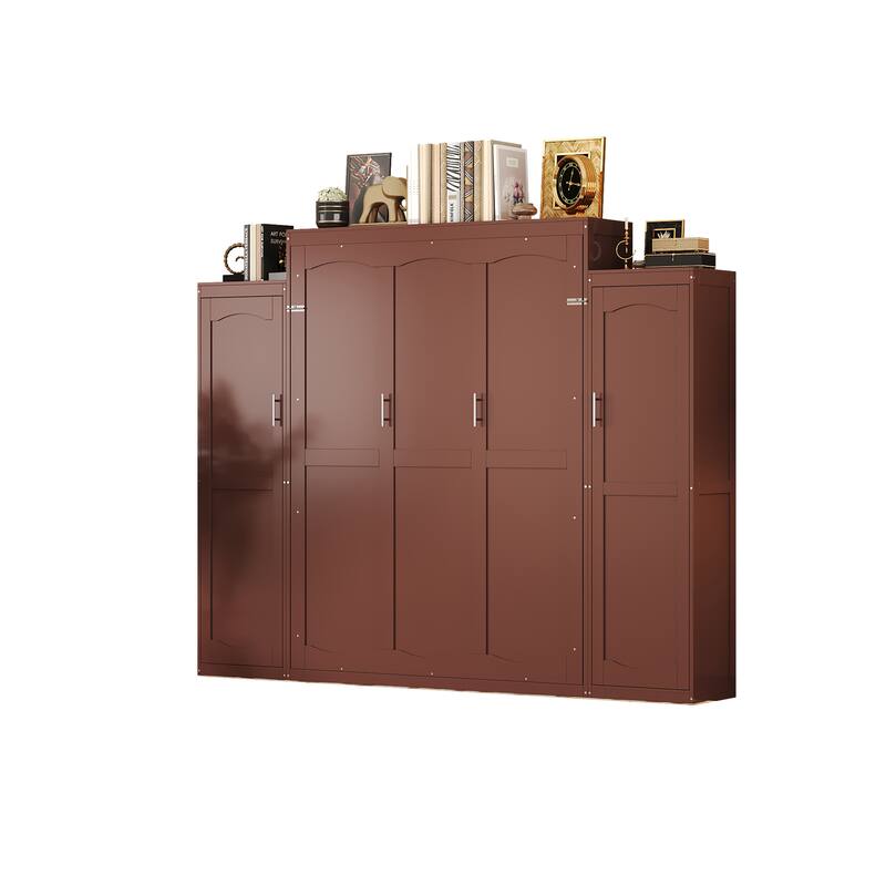 Multifunctional Queen Size Wooden Murphy Bed w/ 2 Wardrobe & Storage Shelf Foldable Wall Bedframe for Guest-Room, Bedroom