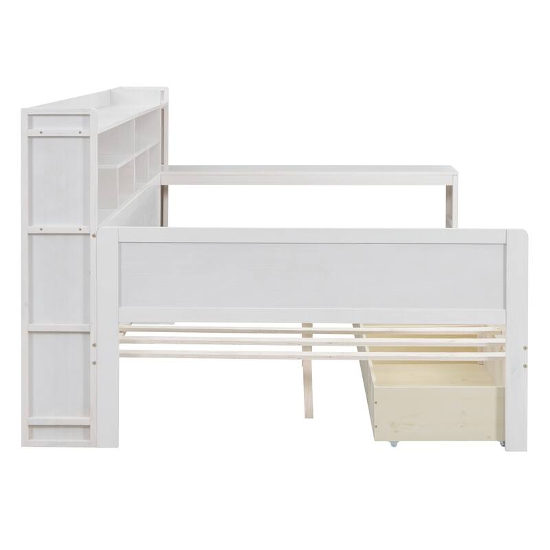 Full/Twin Size Daybed with Storage Shelves, Multi-functional Bed with Two Storage Drawers and Study Desk