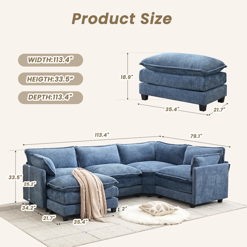 4-Seat Modular L-Shaped Corner Sectional Sofa with Ottoman, Soft Chenille Upholstery and Deep Seating for Living Room