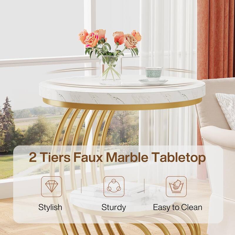 2 Tiers Faux Marble Side Table with Storage Shelf