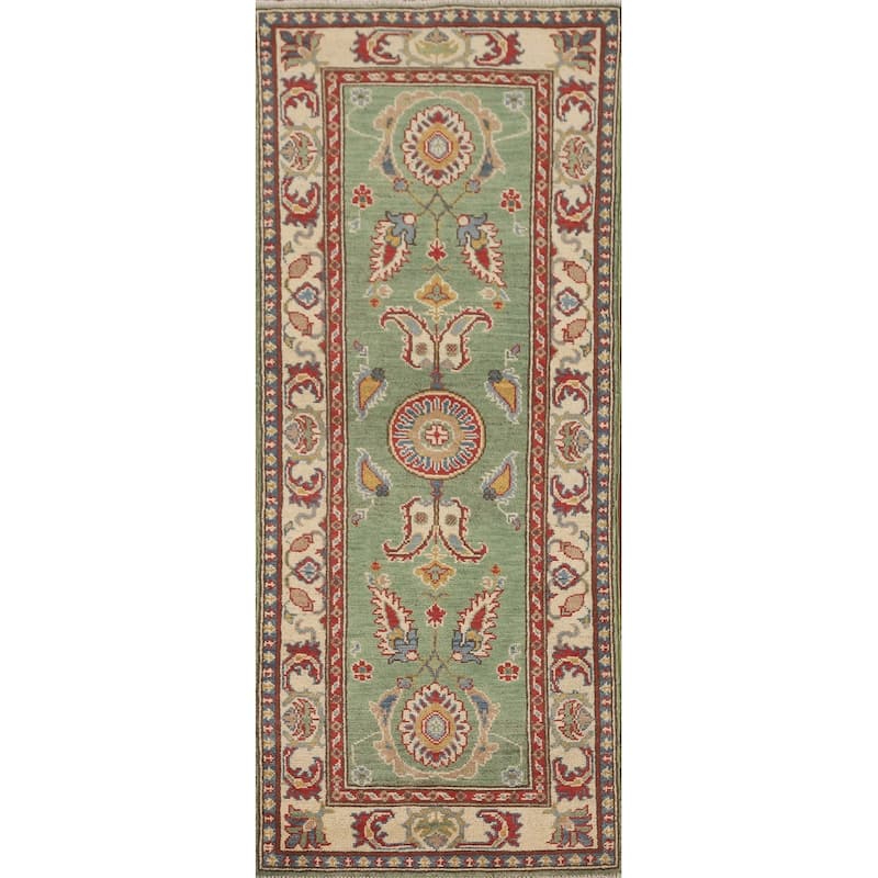 Floral Kazak Runner Rug Handmade Green Wool Carpet - 2'2" x 5'11"