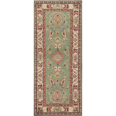 Floral Kazak Runner Rug Handmade Green Wool Carpet - 2'2" x 5'11"