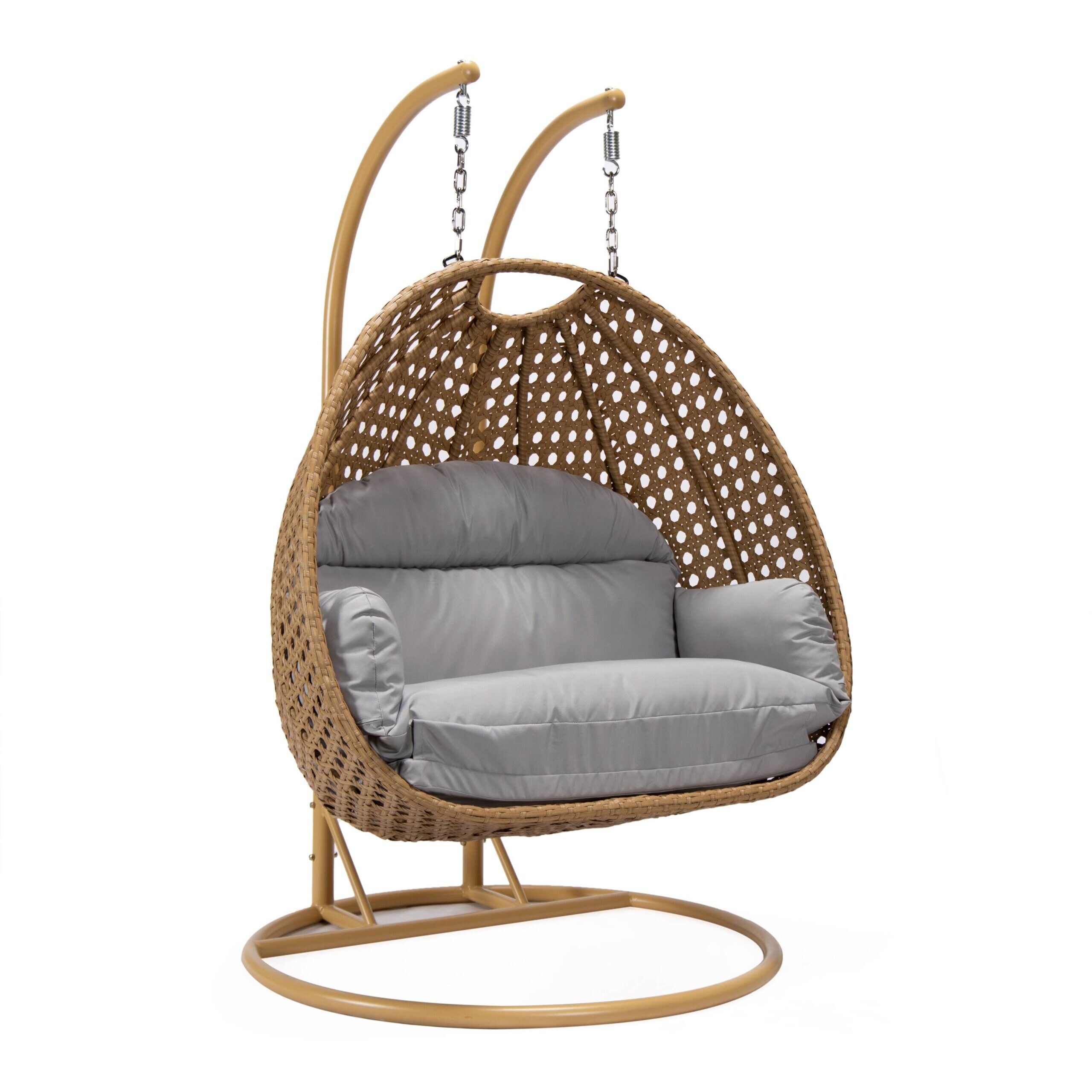 LeisureMod Mendoza Light Brown Wicker Patio Hanging Double Swing