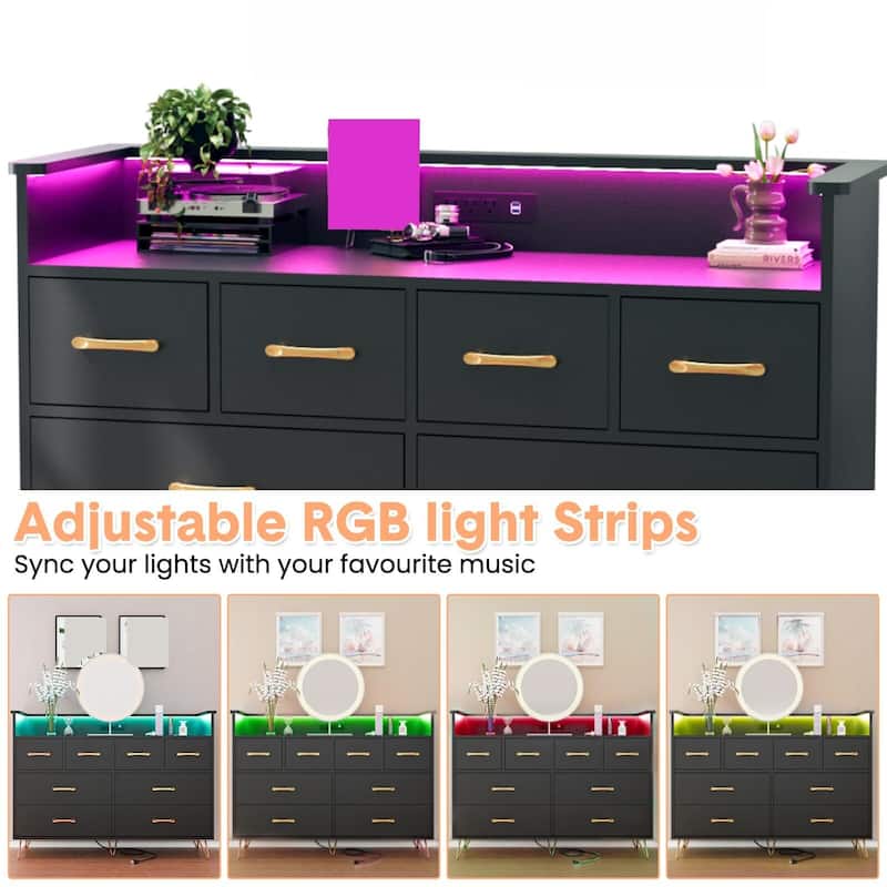 8 Drawer Wood Dresser, with Power Outlet and LED Lights