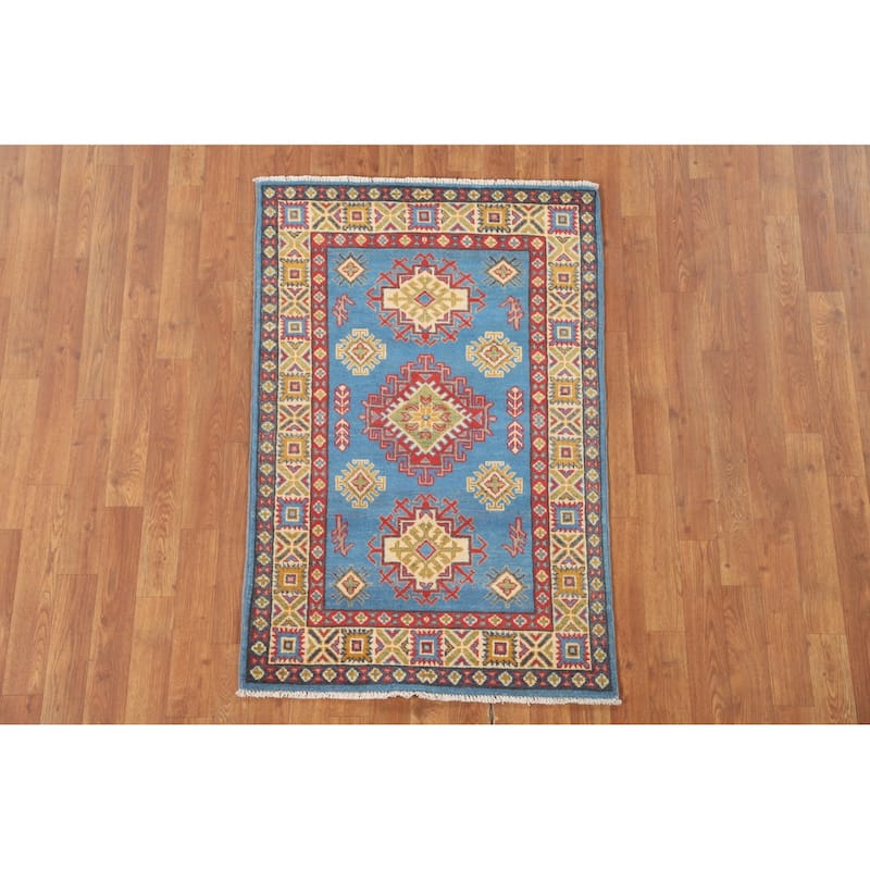 Blue Geometric Kazak Accent Rug Hand-Knotted Bedroom Wool Carpet - 2'7" x 4'0"
