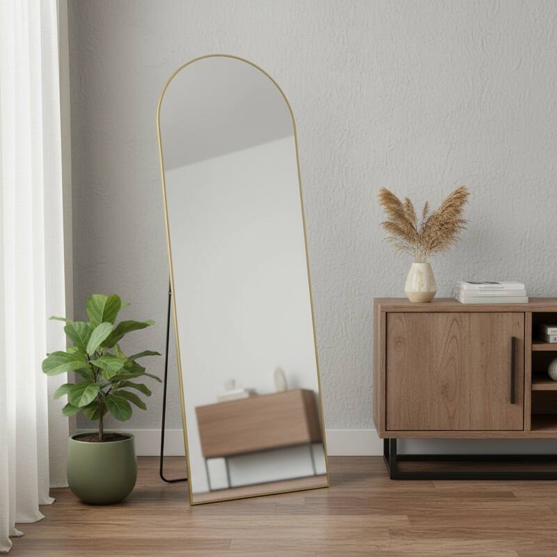 HomeRoots 63" Gold Metal Arch Freestanding and Wall Mount Framed Full Length Mirror - 20.00 in. x 63.00 in. x 0.50 in. - 20.00 in. x 63.00 in. x 0.50 in.