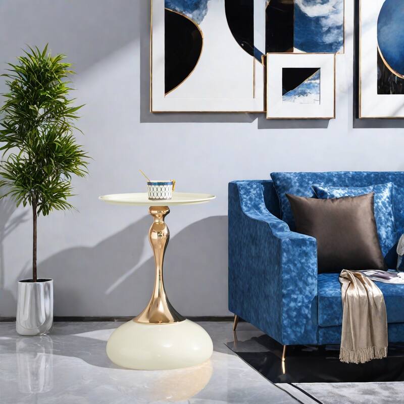 14.96" Carbon steel Round Side Table with Gold Finish and Modern Design - Milk White