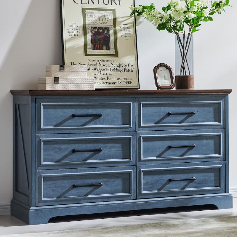 Farmhouse 6 Drawer Dresser for Bedroom, Chest of Drawers, TV Stand - Blue