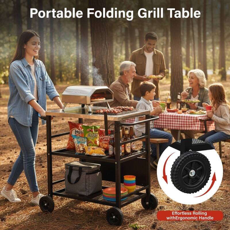 4-Wheel Foldable BBQ Cart Grill Station With Stainless Steel Top And Foldable Shelf - N/A