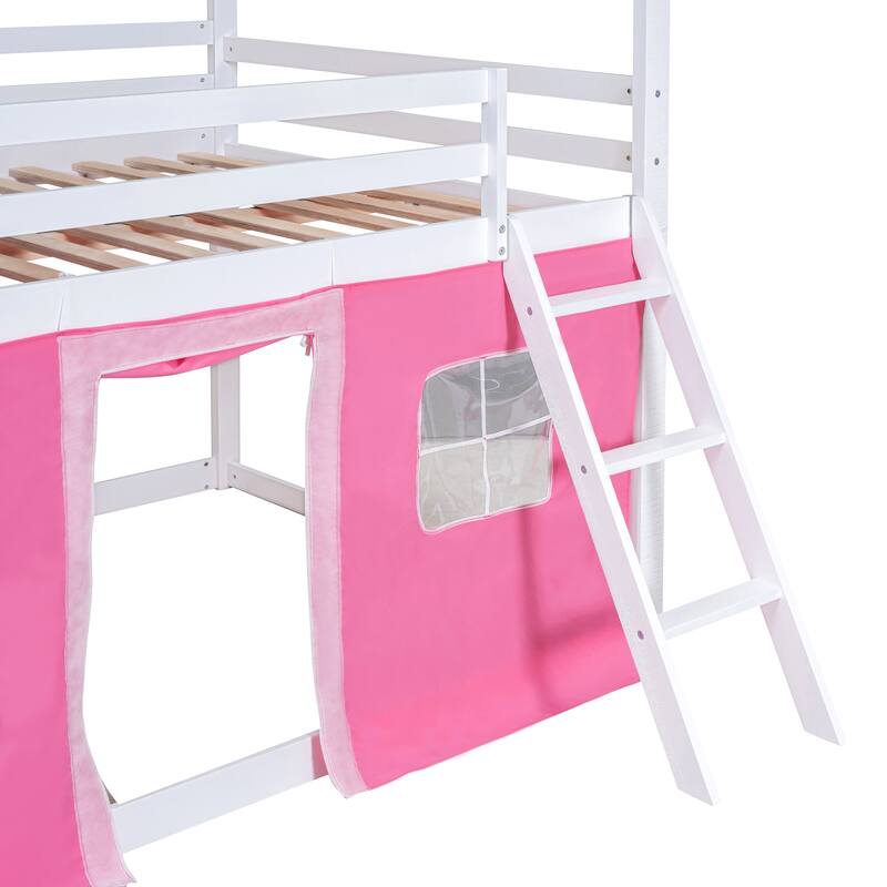 Full Size Wooden Bunk Bed with Elegant Windows and Tent Design in Pink and White