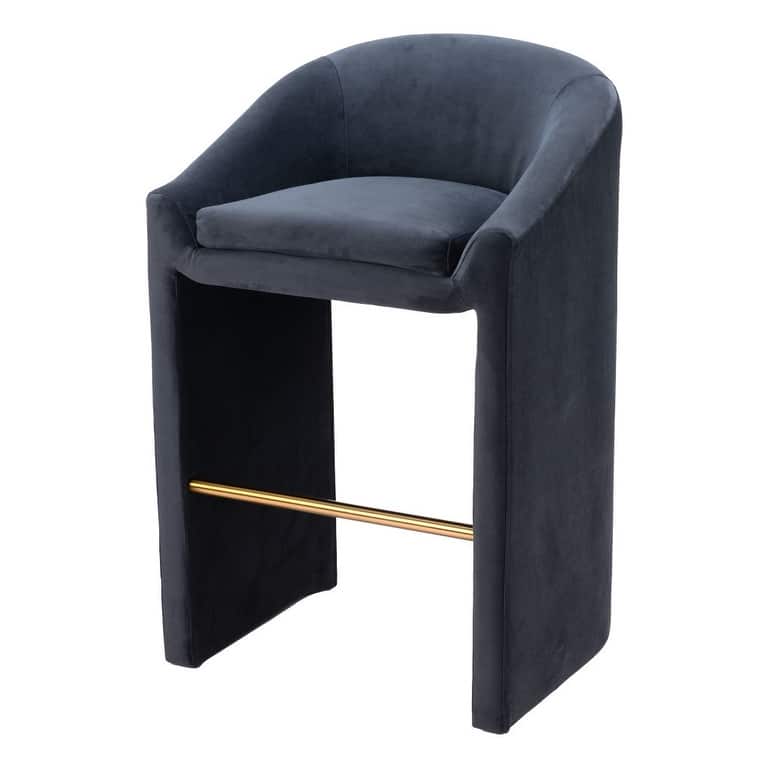 30" Gray And Gold Velvet And Steel Low Back Bar Height Bar Chair