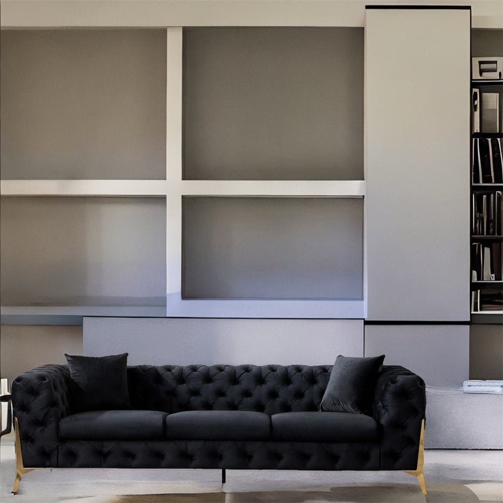 Black Elegant Velvet Living Room 3-Seater Upholstered Sofa Black Elegant Velvet Living Room 3-Seater Upholstered Sofa