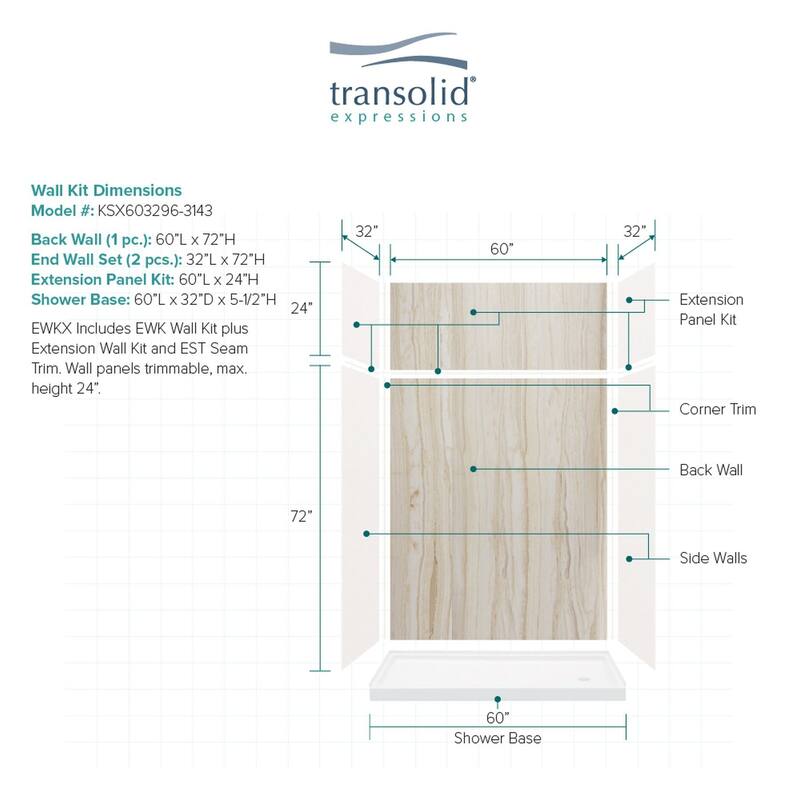 Transolid Expressions 60-in X 32-in X 96-in Glue to Wall Shower Kit - 32" x 60" x 96" - 32" x 60" x 96"