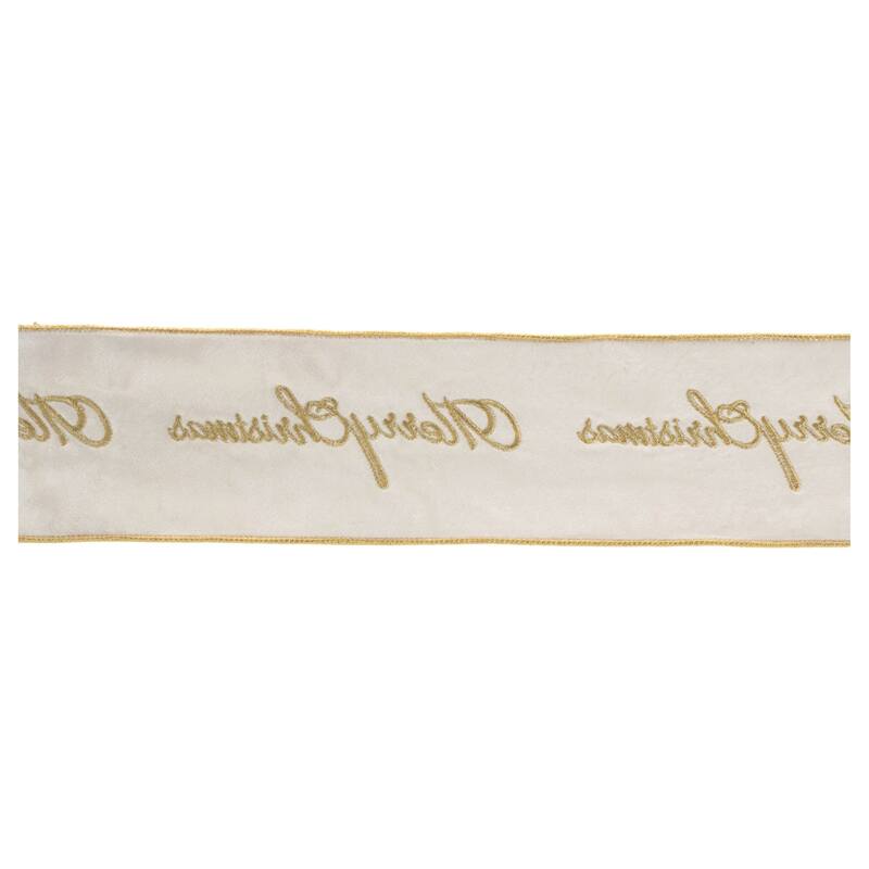HomeRoots 4" White And Gold Embroidered Merry Christmas Wired Ribbon