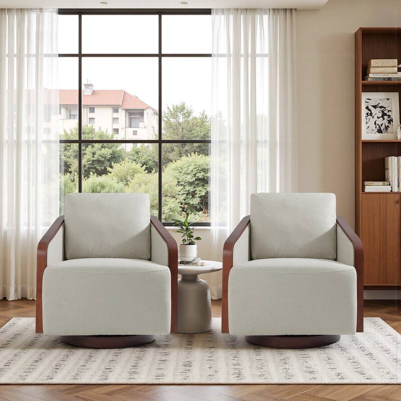 Set of 2 Modern 360° Swivel Accent Barrel Chairs with Wood Arms