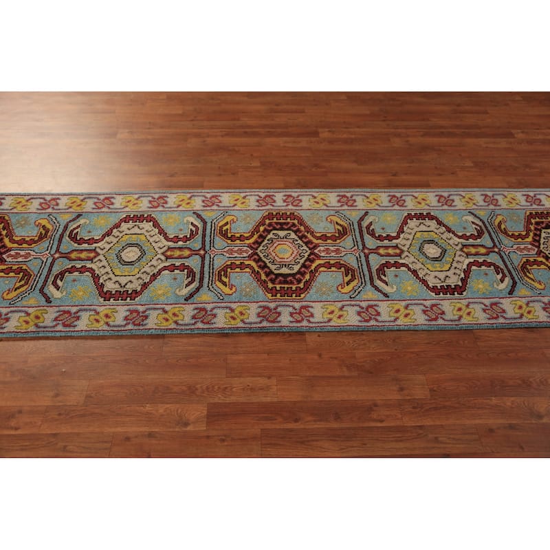 Light Blue Geometric Kazak Indian Runner Rug Handmade Wool Carpet - 2'6"x 9'11"