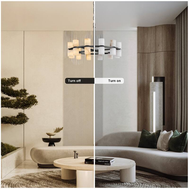 Modern Alabaster Glass Chandelier, Round or Linear Pendant Light with Up & Down Shades, D600-L1370, Copper or Black Finish