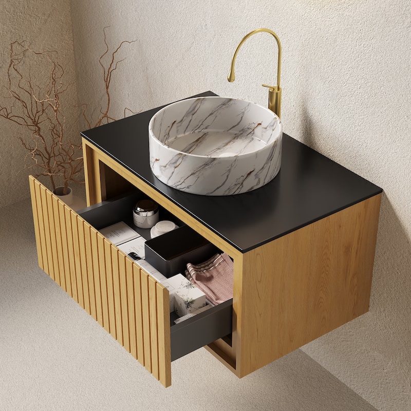 GDFStudio - Kolas Modern 30" Floating Bathroom Vanity, Corolla Oak Finish & Black Sintered Stone Countertop, WITHOUT Faucet - White Stone