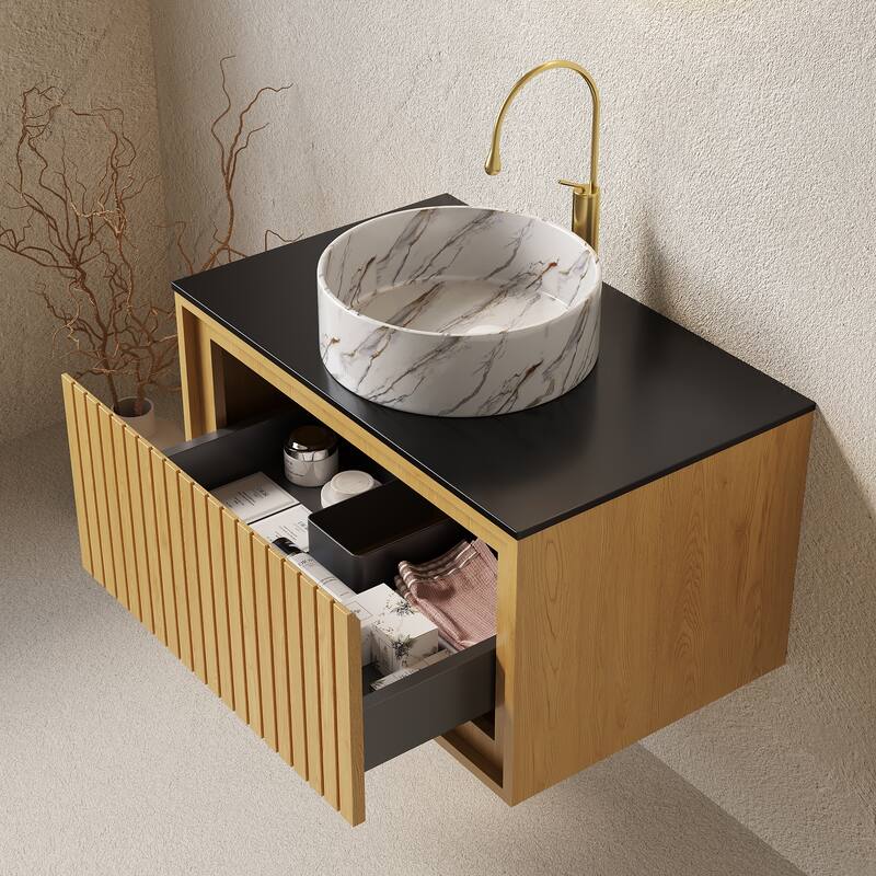 GDFStudio - Kolas Modern 30" Floating Bathroom Vanity, Corolla Oak Finish & Black Sintered Stone Countertop, WITHOUT Faucet