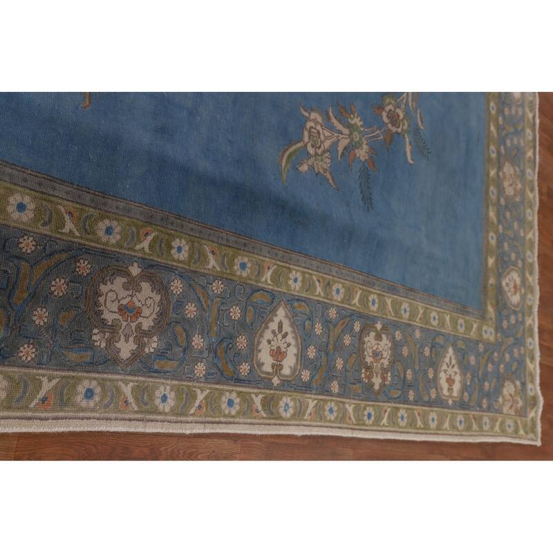 Over-Dyed Blue Tabriz Persian Vintage Rug Handmade Wool Carpet - 9'10"x 13'0"