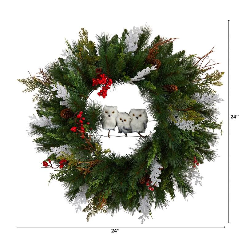 Pinecones and Berries with Owl Artificial Christmas Wreath, 24-Inch, Unlit