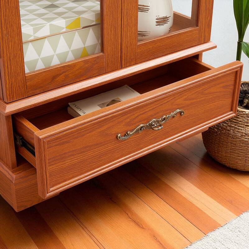 Lighted Glass Curio Cabinet with 2 Doors, Adjustable Shelves, Mirrored Back & Large Drawer, Retro Display Cabinet with Bulb