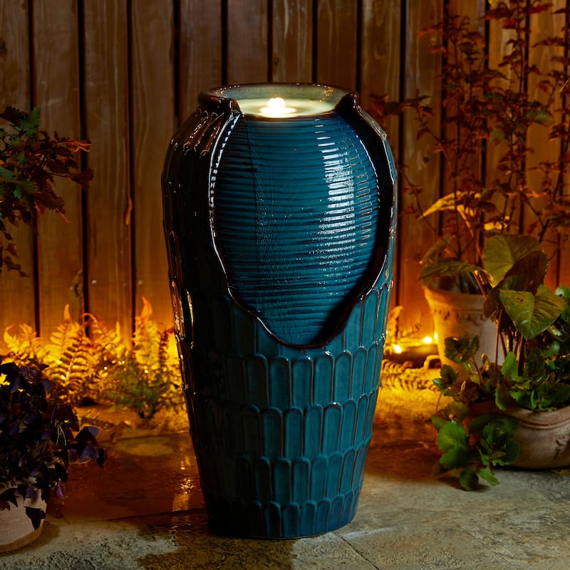 Glitzhome 28"H Oversized Petals Textured Ceramic Jar Outdoor Waterfall Fountain