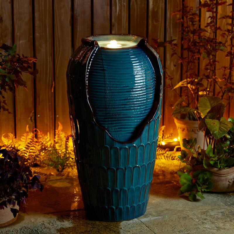 Glitzhome Oversized LED Lighted Ceramic Pot Floor Fountains for Outdoor Garden
