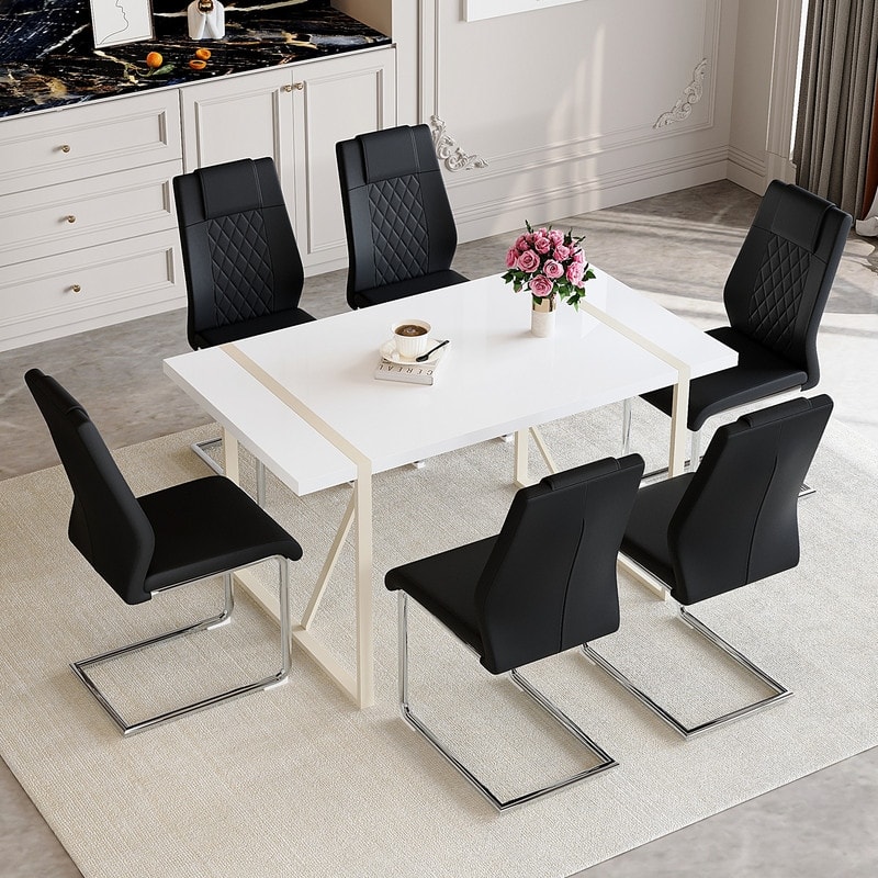 7-Piece Modern Dining Table Set with 6 Upholstered Chairs, Silver Metal Legs - Black+Silver