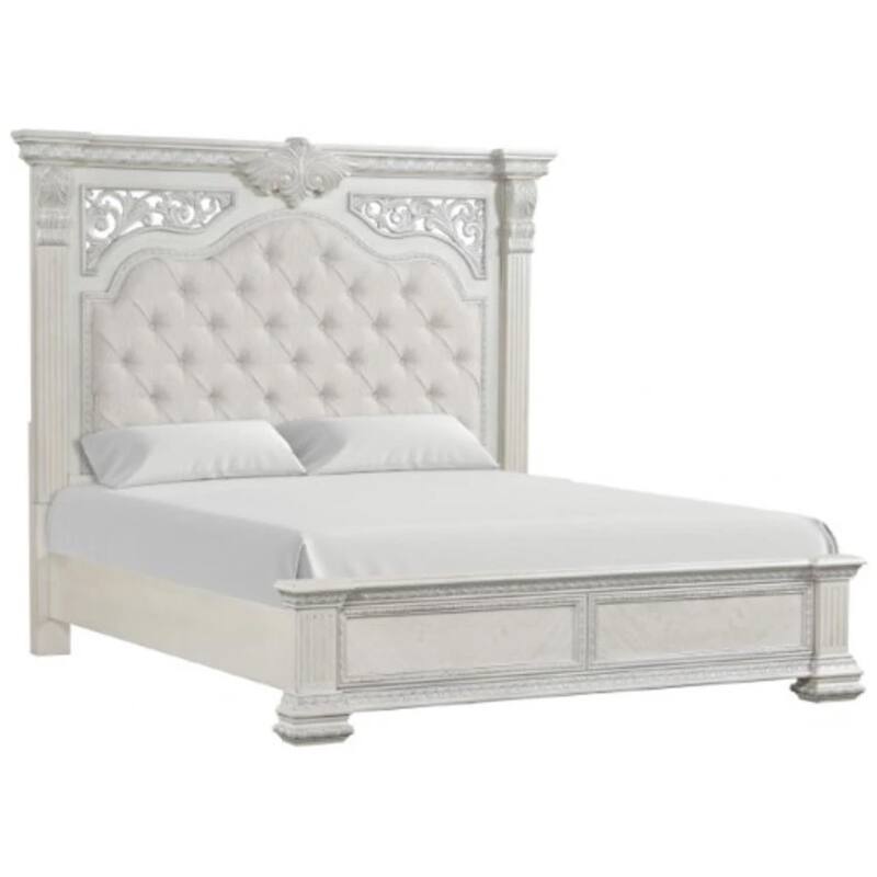 Miamy Queen Bed, Creamy White Wood, Panel Design, Silver Brushed Accents